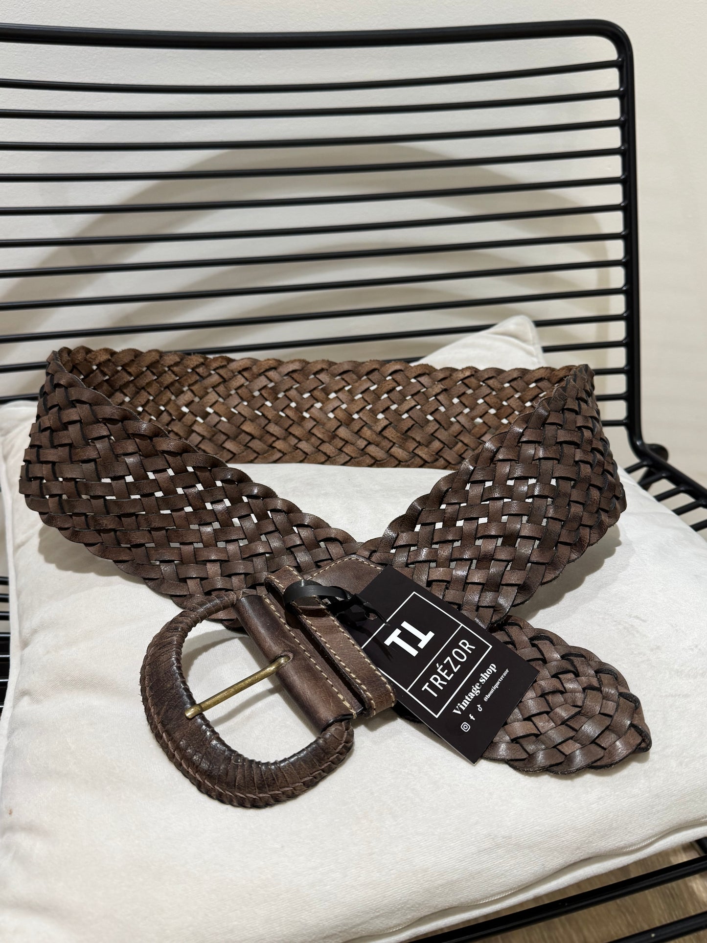 Ceinture large en cuir tressé 90cm