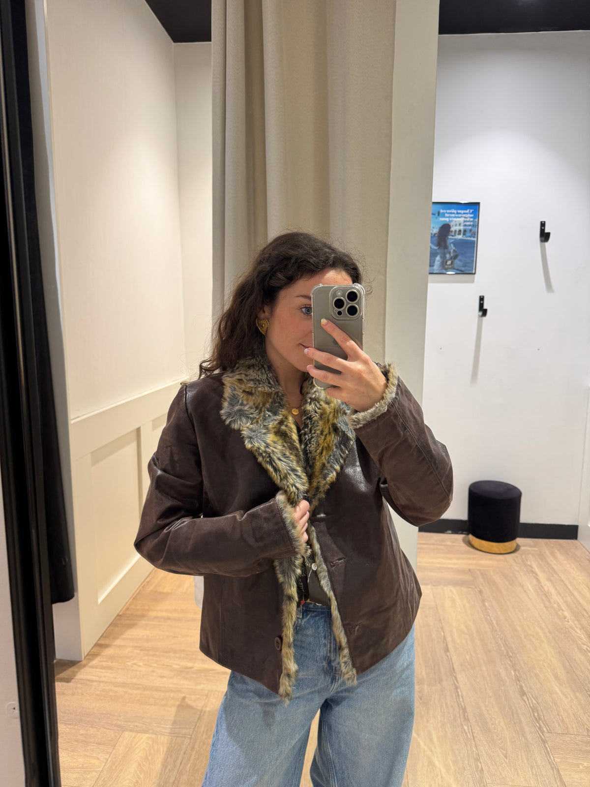 Veste en cuir vintage avec fausse fourrure M
