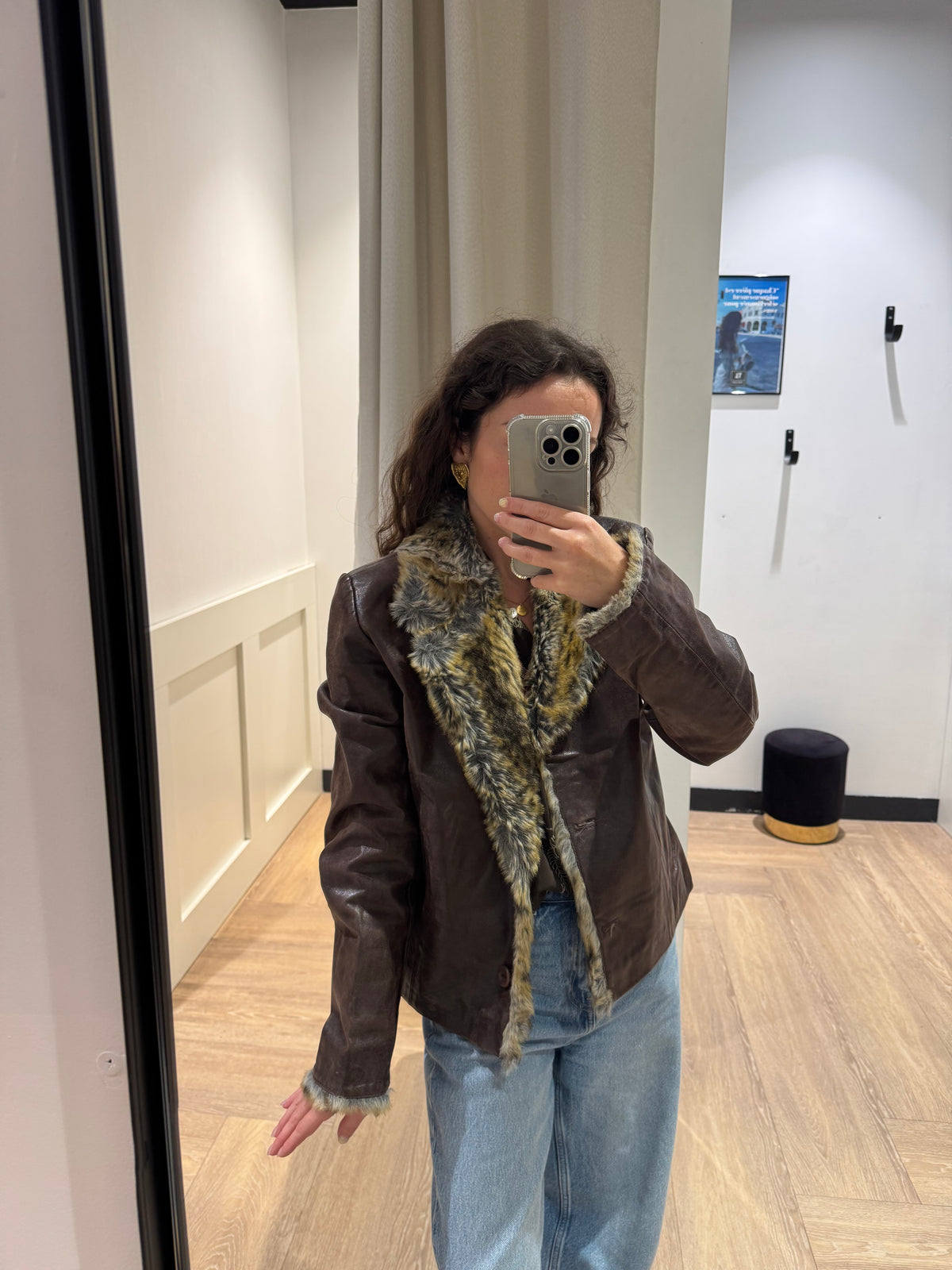 Veste en cuir vintage avec fausse fourrure M