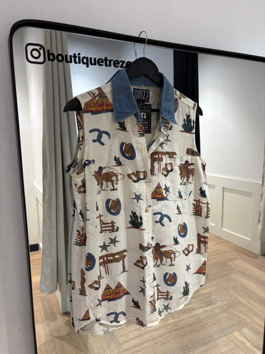 Chemise vintage sans manches à motifs western L