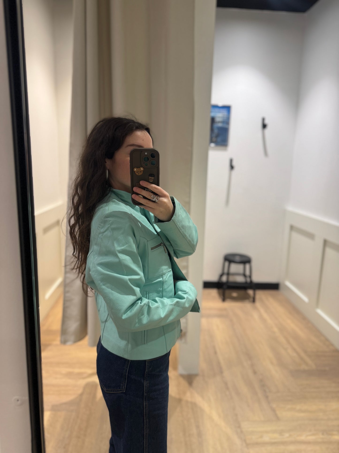 Veste en cuir vintage turquoise S/M