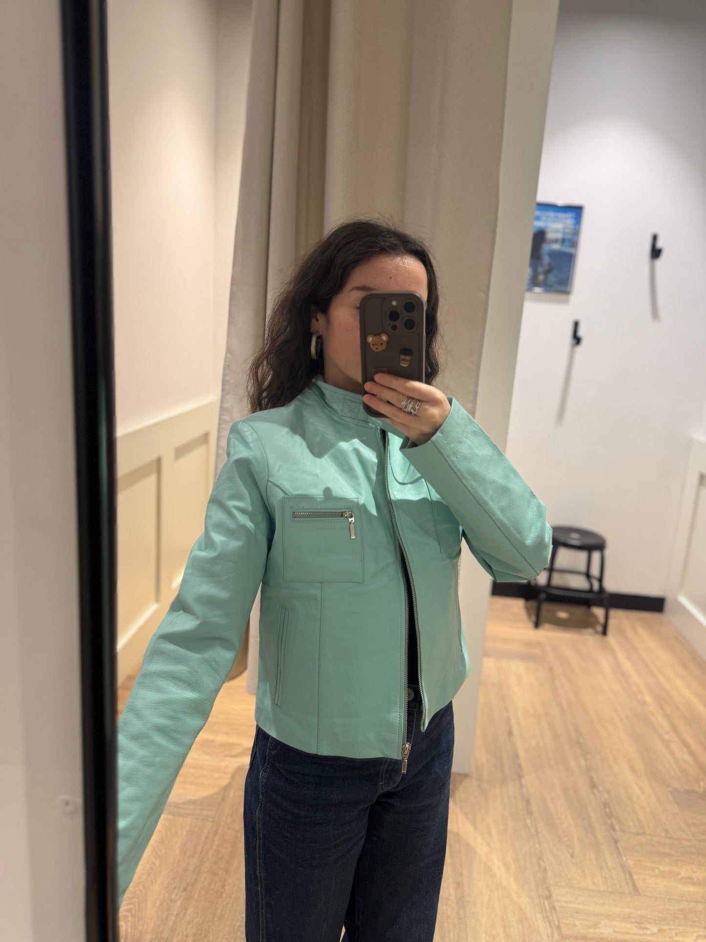 Veste en cuir vintage turquoise S/M