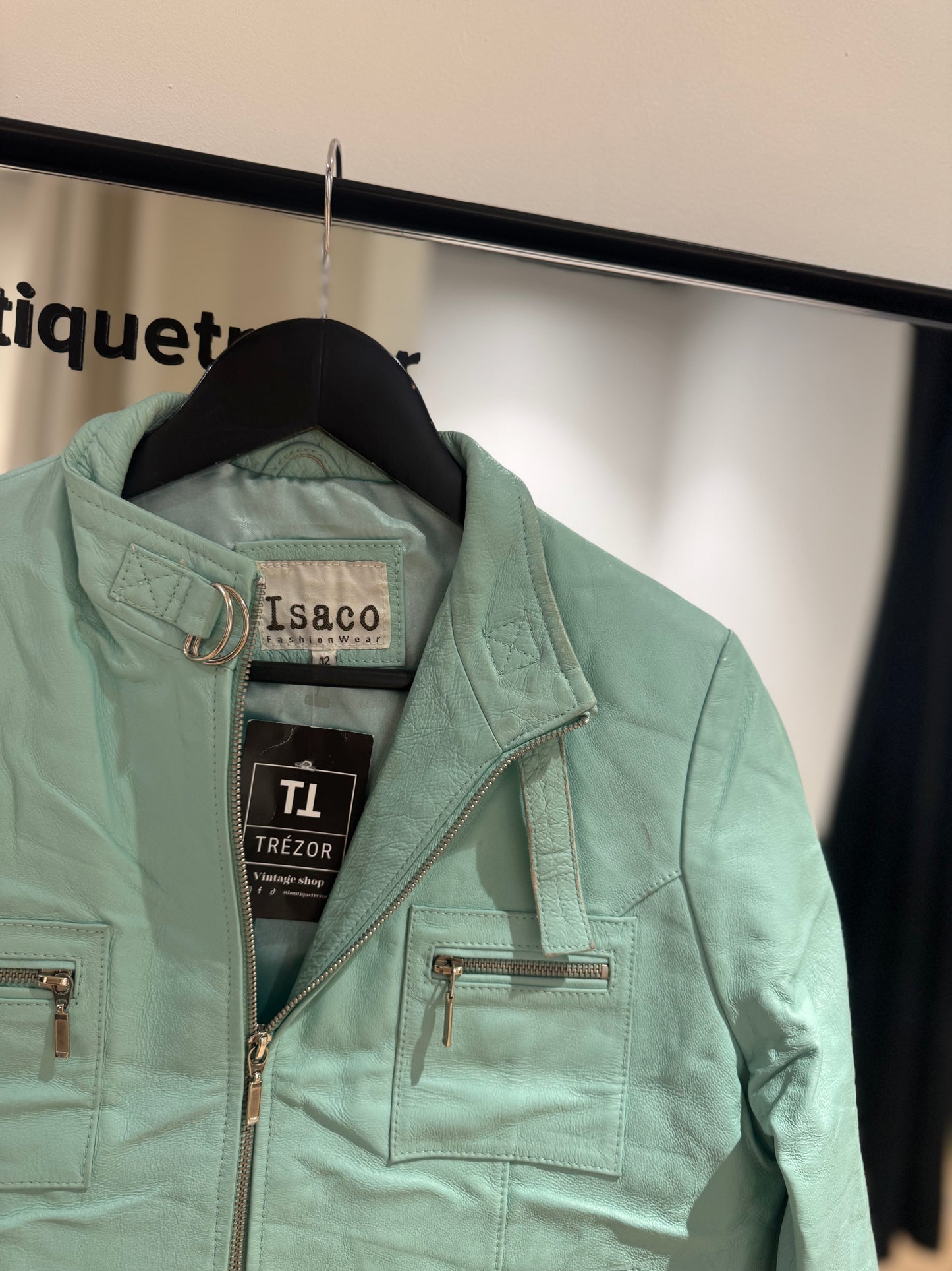 Veste en cuir vintage turquoise S/M