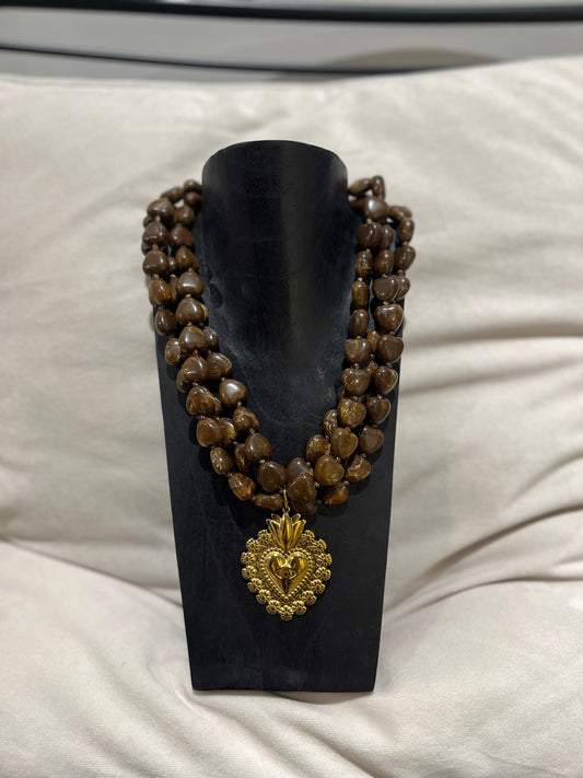 Collier cœur à perles marrons