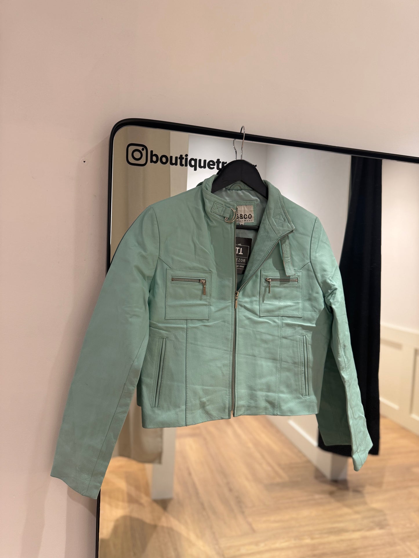 Veste en cuir vintage turquoise S/M