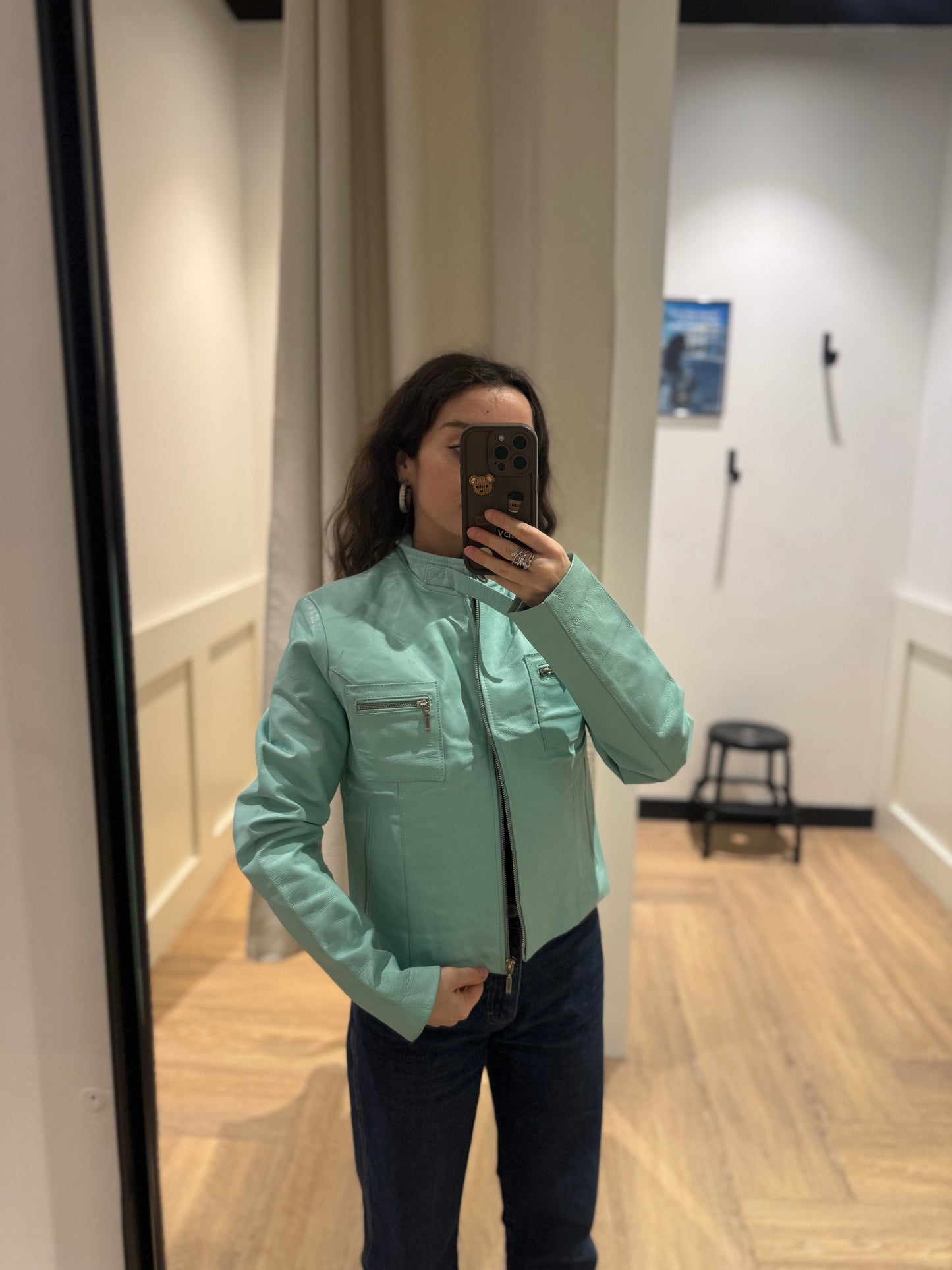 Veste en cuir vintage turquoise S/M