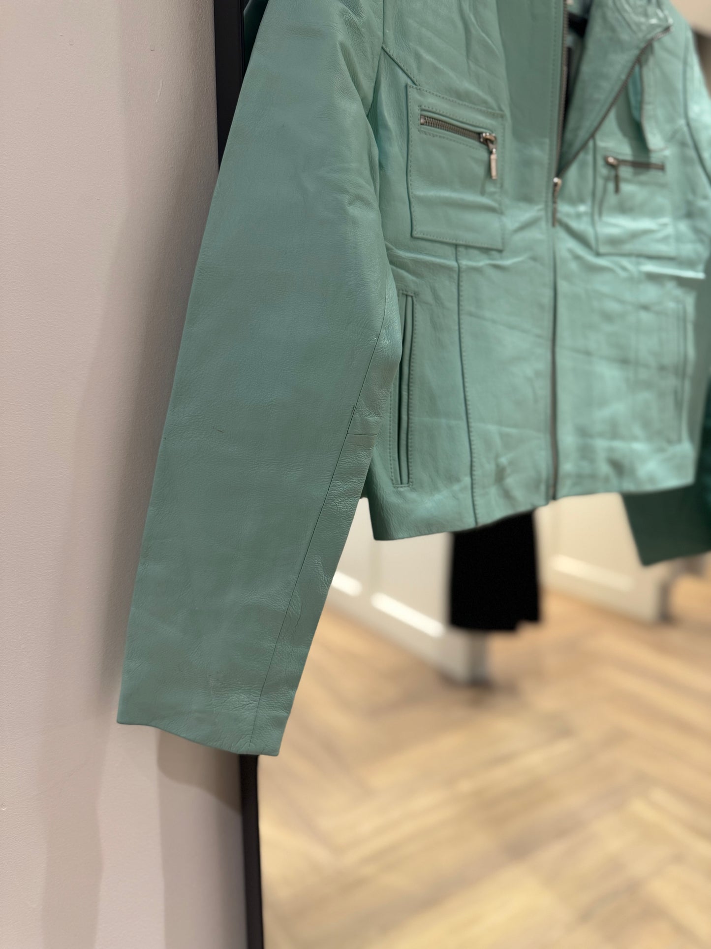 Veste en cuir vintage turquoise S/M