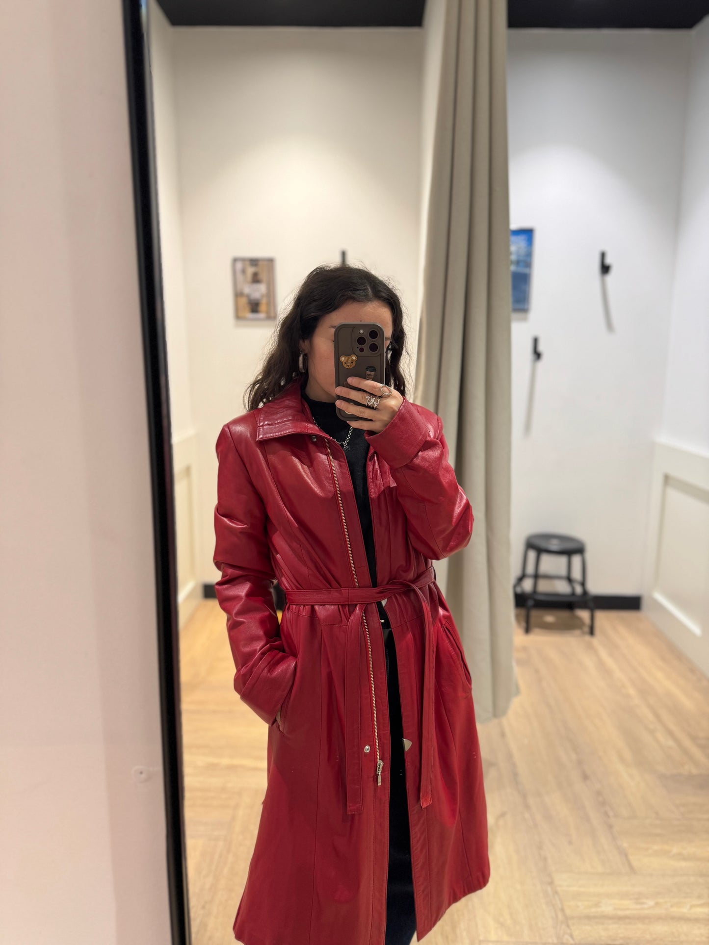 Trench en cuir rouge vintage M