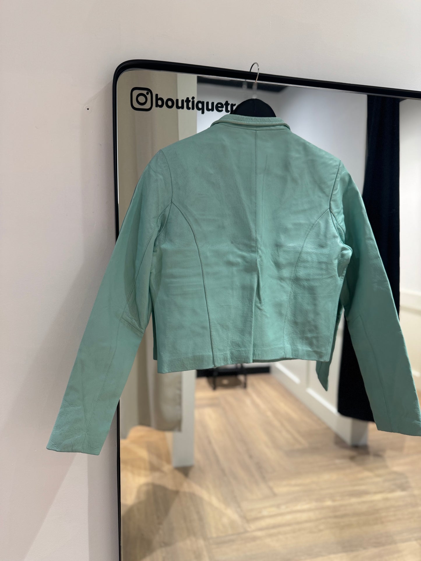 Veste en cuir vintage turquoise S/M